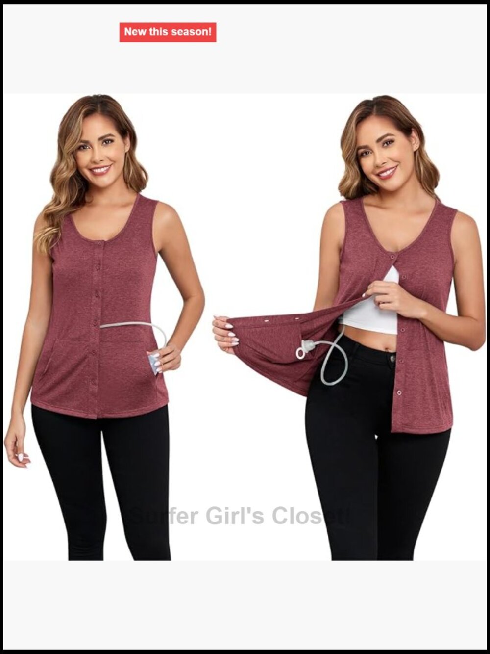 Post Mastectomy Tank Top with Drain Pockets Button Front Sleeveless Recovery